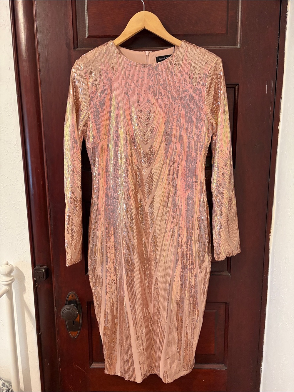 Sequin Long Sleeve Sheath Dress in Rose Gold